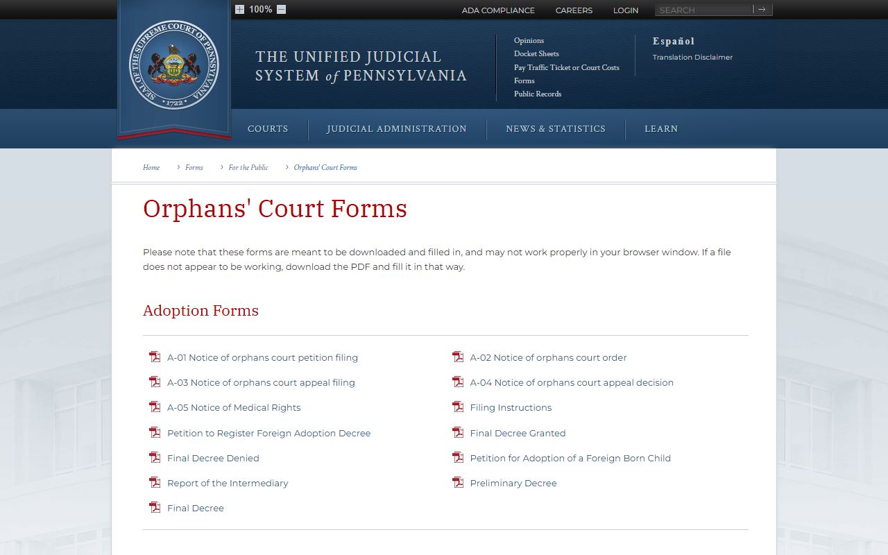 Sullivan County Orphans' Court probate forms source